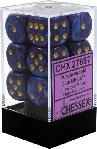 Dice - Chessex - D6 Set (12 ct.) - 16mm - Lustrous - Purple/Gold/Black