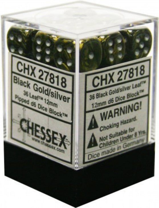 Dice - Chessex - D6 Set (36 ct.) - 12mm - Leaf - Black/Gold/Silver