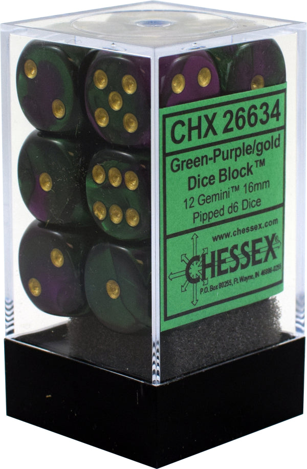 Dice - Chessex - D6 Set (12 ct.) - 16mm - Gemini - Green Purple Gold/Black