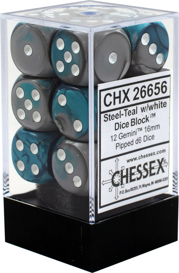 Dice - Chessex - D6 Set (12 ct.) - 16mm - Gemini - Steel Teal/White