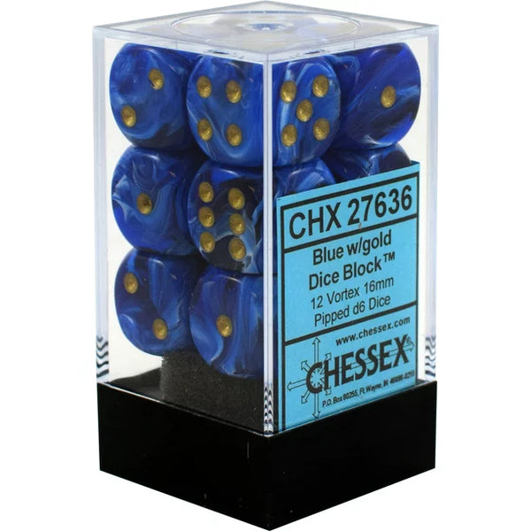 Dice - Chessex - D6 Set (12 ct.) - 16mm - Vortex - Blue/Gold/Black