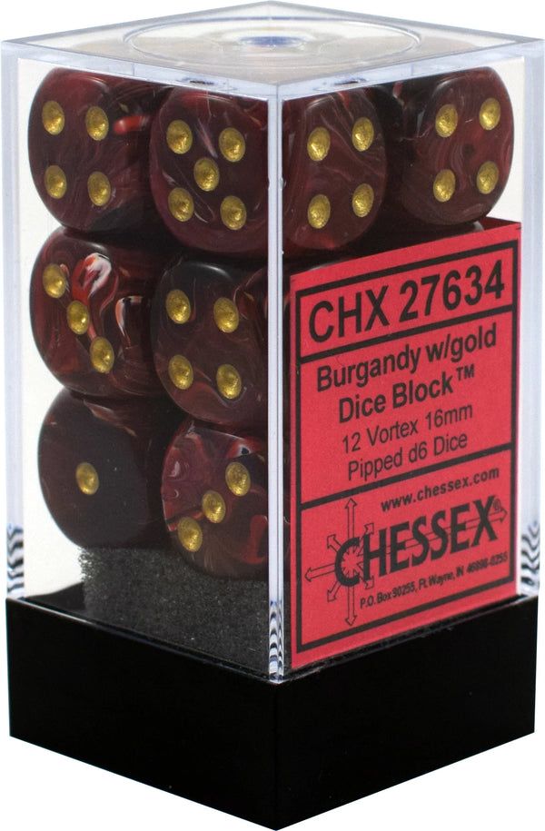 Dice - Chessex - D6 Set (12 ct.) - 16mm - Vortex - Burgundy/Gold/Black