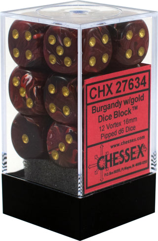 Dice - Chessex - D6 Set (12 ct.) - 16mm - Vortex - Burgundy/Gold/Black