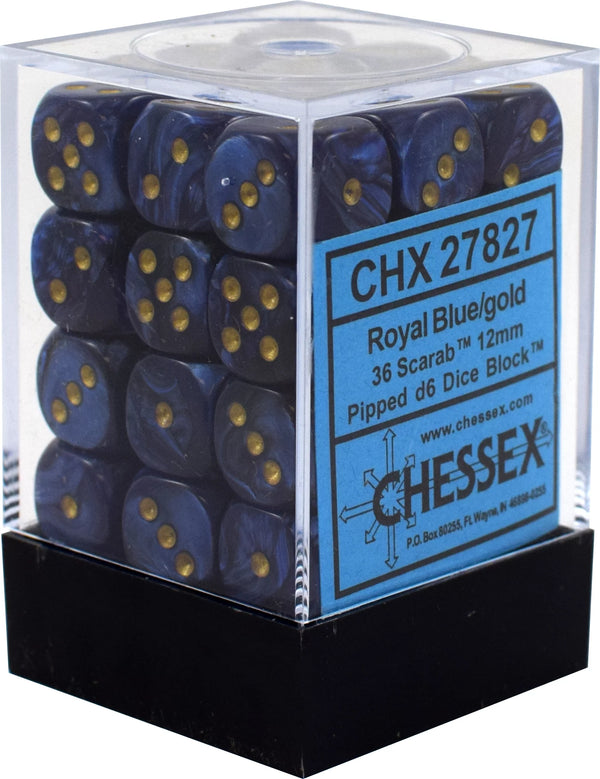 Dice - Chessex - D6 Set (36 ct.) - 12mm - Scarab - Royal Blue/Gold
