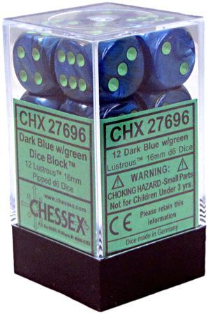 Dice - Chessex - D6 Set (12 ct.) - 16mm - Lustrous - Dark Blue/Green