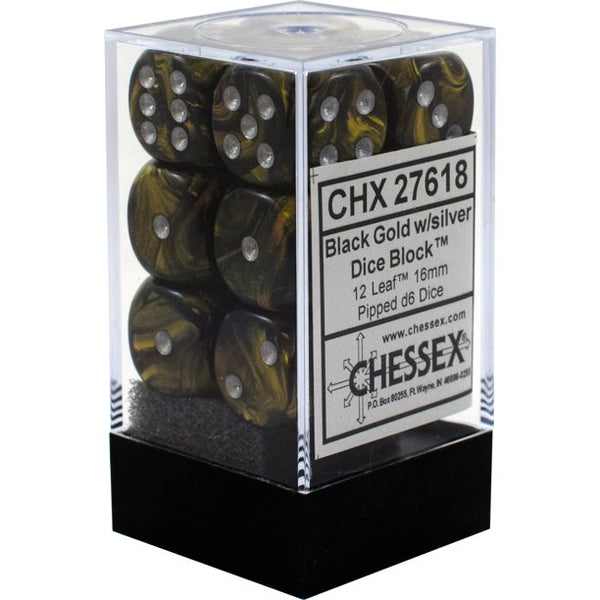 Dice - Chessex - D6 Set (12 ct.) - 16mm - Leaf - Black/Gold/Silver