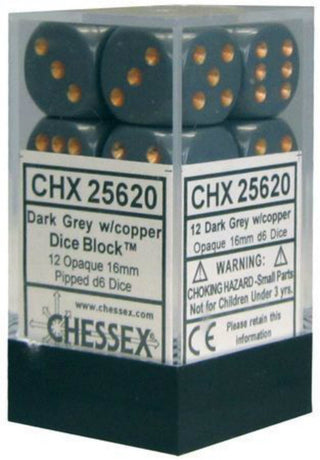 Dice - Chessex - D6 Set (12 ct.) - 16mm - Opaque - Dark Grey/Copper