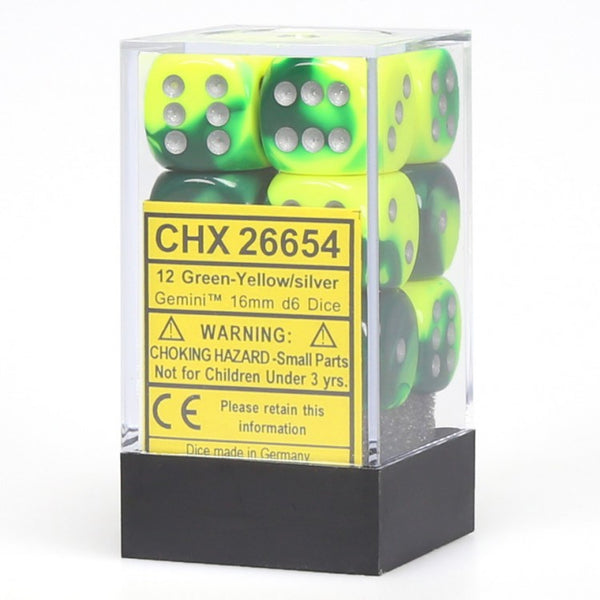 Dice - Chessex - D6 Set (12 ct.) - 16mm - Gemini - Green Yellow/Silver