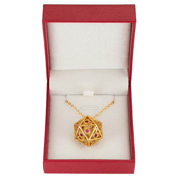 Dice - Hymgho - Dragon's Eye D20 Necklace - Gold with Ruby Gems