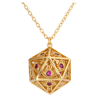 Dice - Hymgho - Dragon's Eye D20 Necklace - Gold with Ruby Gems