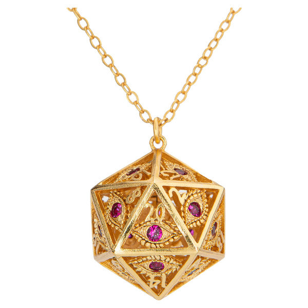 Dice - Hymgho - Dragon's Eye D20 Necklace - Gold with Ruby Gems