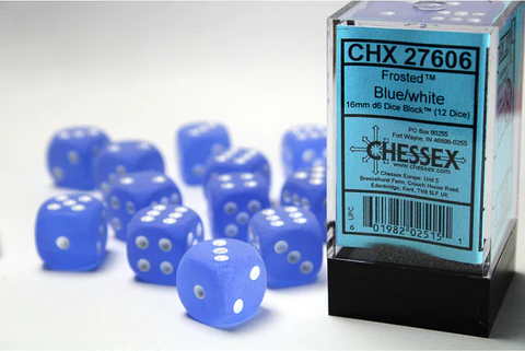 Dice - Chessex - D6 Set (12 ct.) - 16mm - Frosted - Blue/White