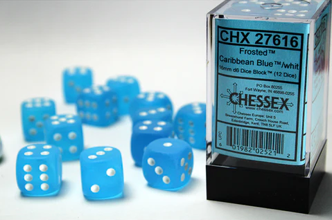 Dice - Chessex - D6 Set (12 ct.) - 16mm - Frosted - Caribbean Blue/White