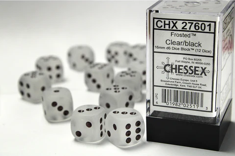 Dice - Chessex - D6 Set (12 ct.) - 16mm - Frosted - Clear/Black