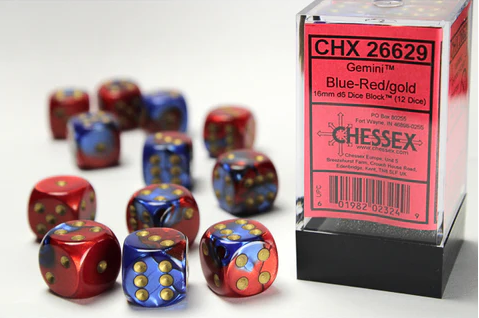 Dice - Chessex - D6 Set (12 ct.) - 16mm - Gemini - Blue Red/Gold