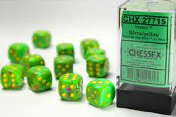 Dice - Chessex - D6 Set (12 ct.) - 16mm - Vortex - Slime/Yellow