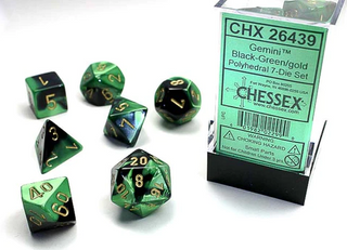 Dice - Chessex - Polyhedral Set (7 ct.) - 16mm - Gemini - Black Green/Gold