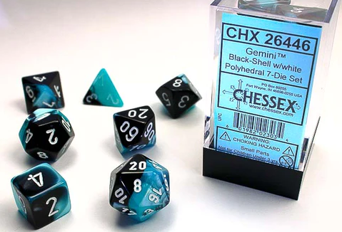 Dice - Chessex - Polyhedral Set (7 ct.) - 16mm - Gemini - Black Shell/White
