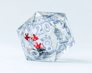 Dice - Sirius - 20-Sided (1 ct.) - 22mm - Sharp Edge Snow Globe - Silver Glitter, Silver/Green/Red Snowflakes